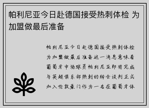 帕利尼亚今日赴德国接受热刺体检 为加盟做最后准备