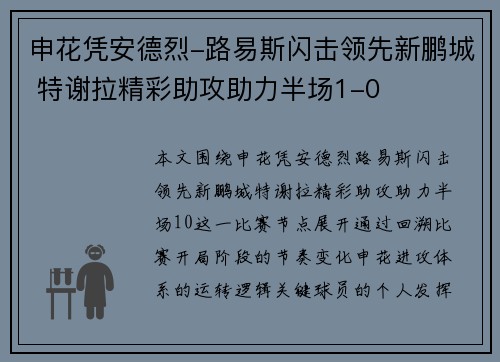 申花凭安德烈-路易斯闪击领先新鹏城 特谢拉精彩助攻助力半场1-0